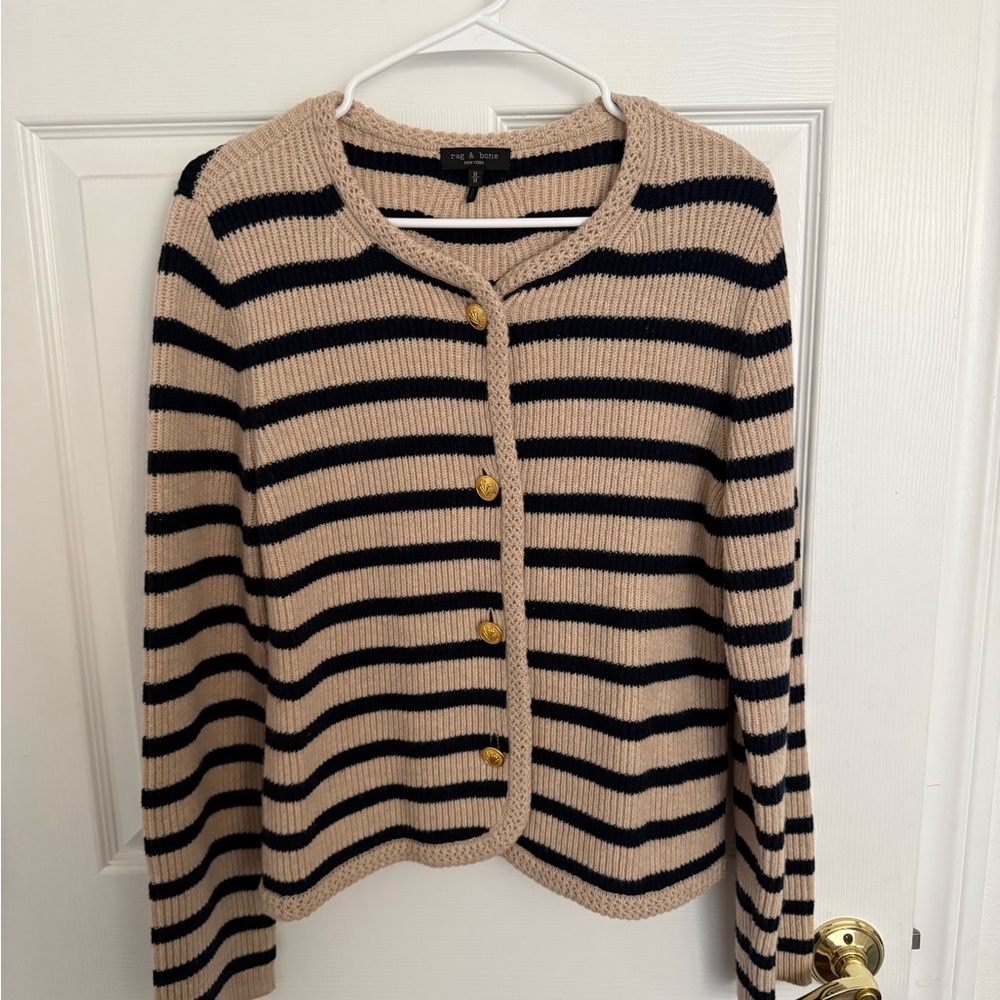rag & bone Striped Beige and Black Knit Cardigan with Gold Buttons - Picture 3 of 7